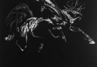 “Forking the Hurricane Deck” Scratchboard, 24” x 24” (the title comes from rodeo slang for the back of a bronc) by artist Julie Chapman. See her portfolio by visiting www.ArtsyShark.com